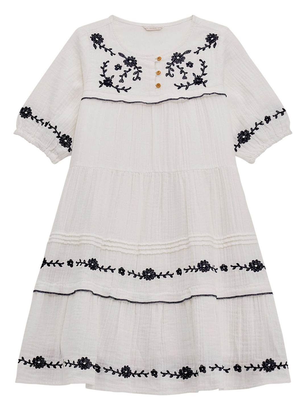 

GUESS kids Girls Embroidered Pure Cotton Round Neck A-Line Dress, White