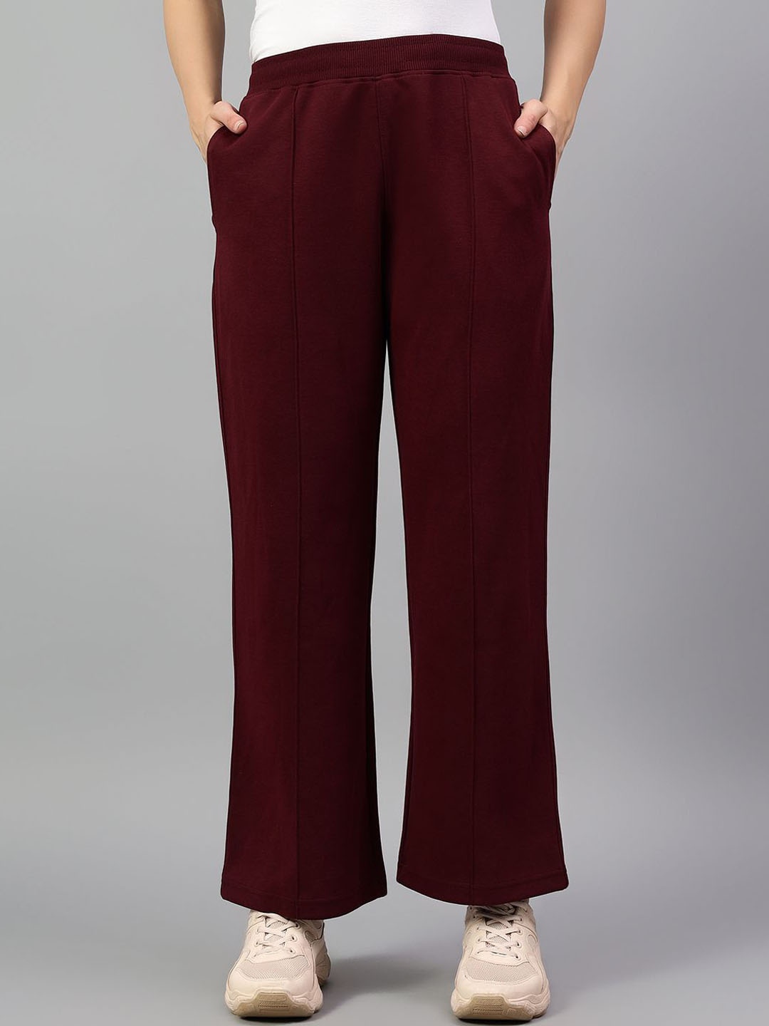 

Cantabil Women Slip-On Pleated Parallel Trousers, Maroon