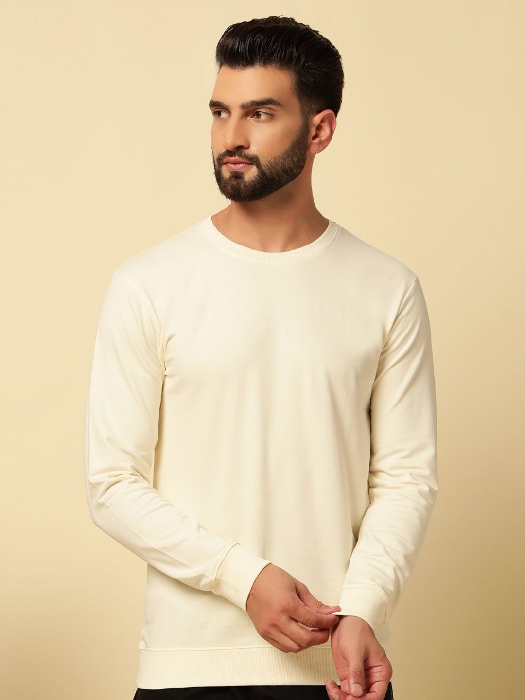 

MUWIN Men Premium Solid Round Neck Cotton T-Shirt, Cream