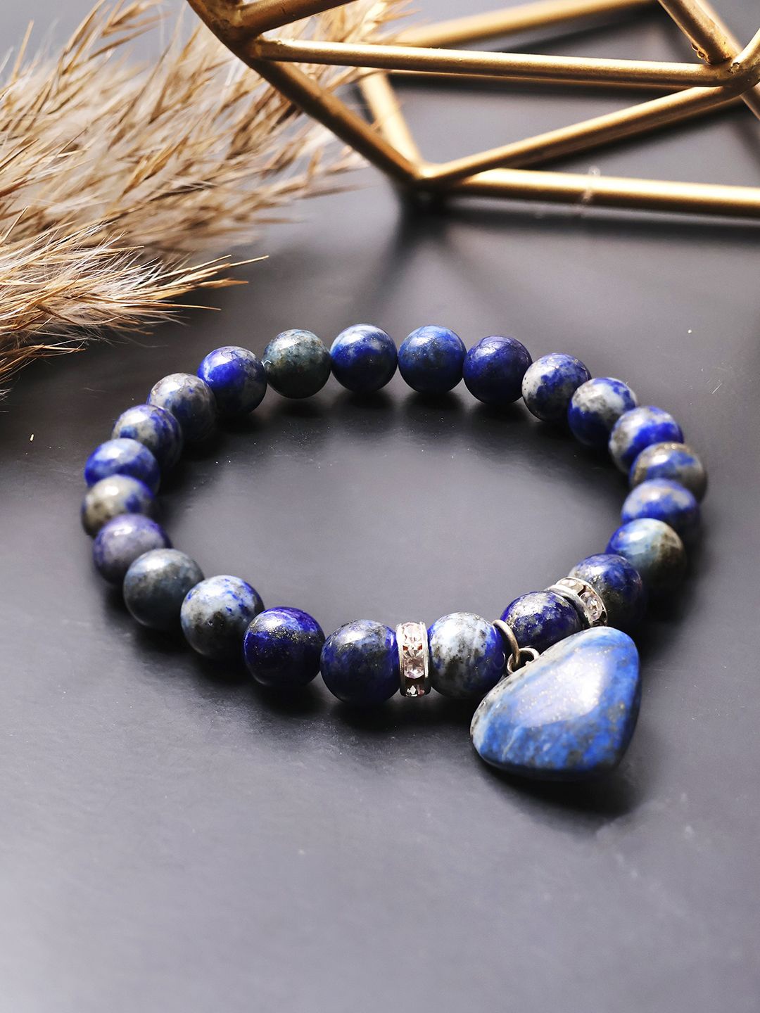 

Shubhanjali Lapis Lazuli & Crystal Studded Heart Charm Elasticated Bracelet, Blue