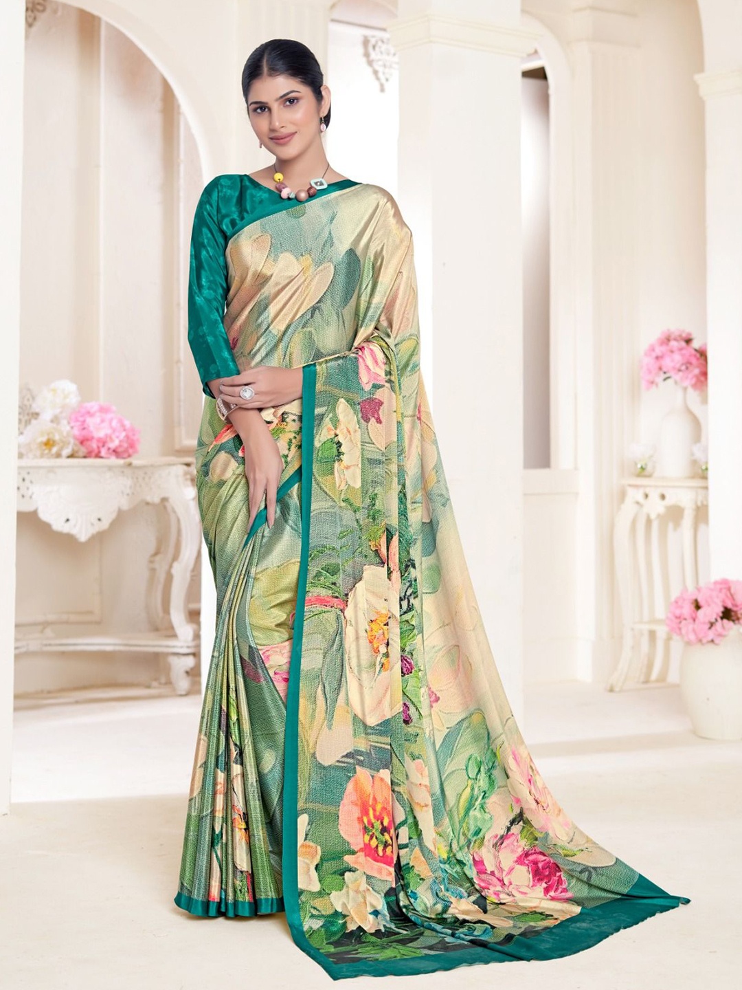 

JIVORA Floral Printed Pure Silk Saree, Green