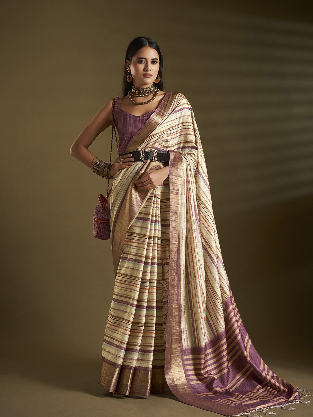 

elora Striped Printed Silk Blend Designer Saree, Beige