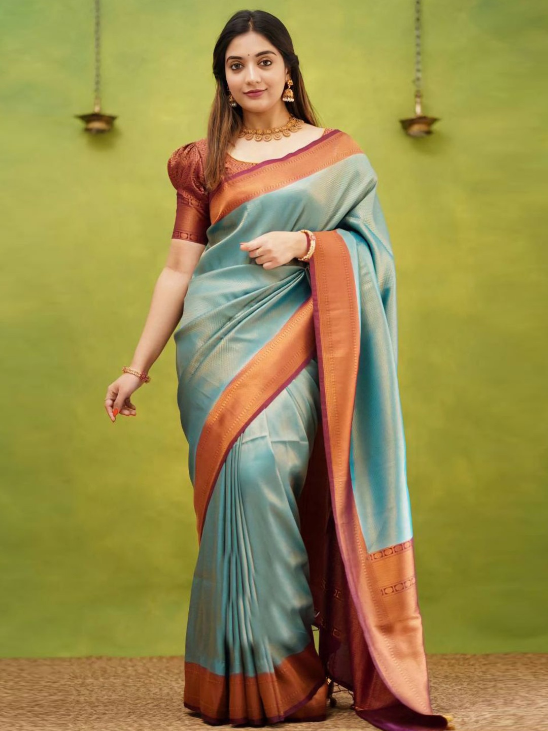 

HANDSEL Woven Design Pure Silk Banarasi Saree, Sea green