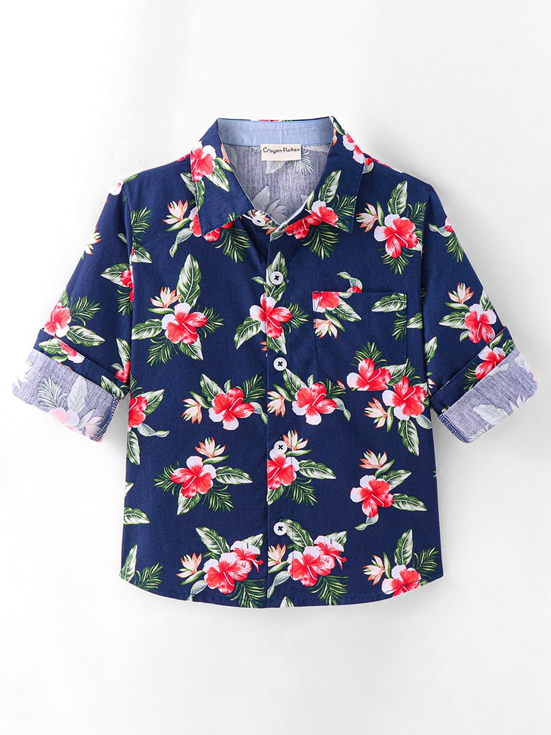 

CrayonFlakes Boys Cutaway Collar Floral Printed Cotton Casual Shirt, Navy blue