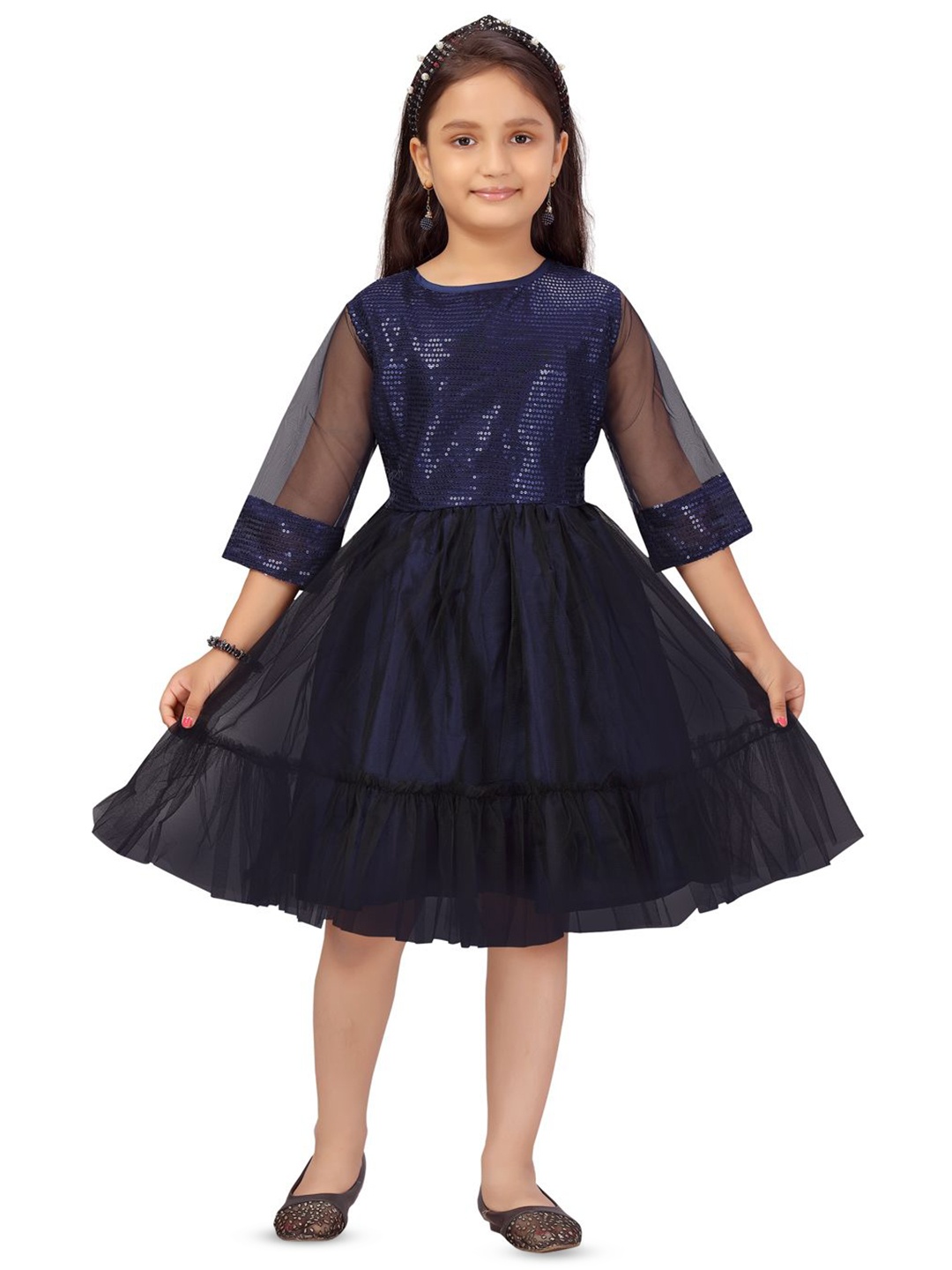 

BAESD Girls Solid Embellished Net Fit & Flare Party Wear Dress, Navy blue