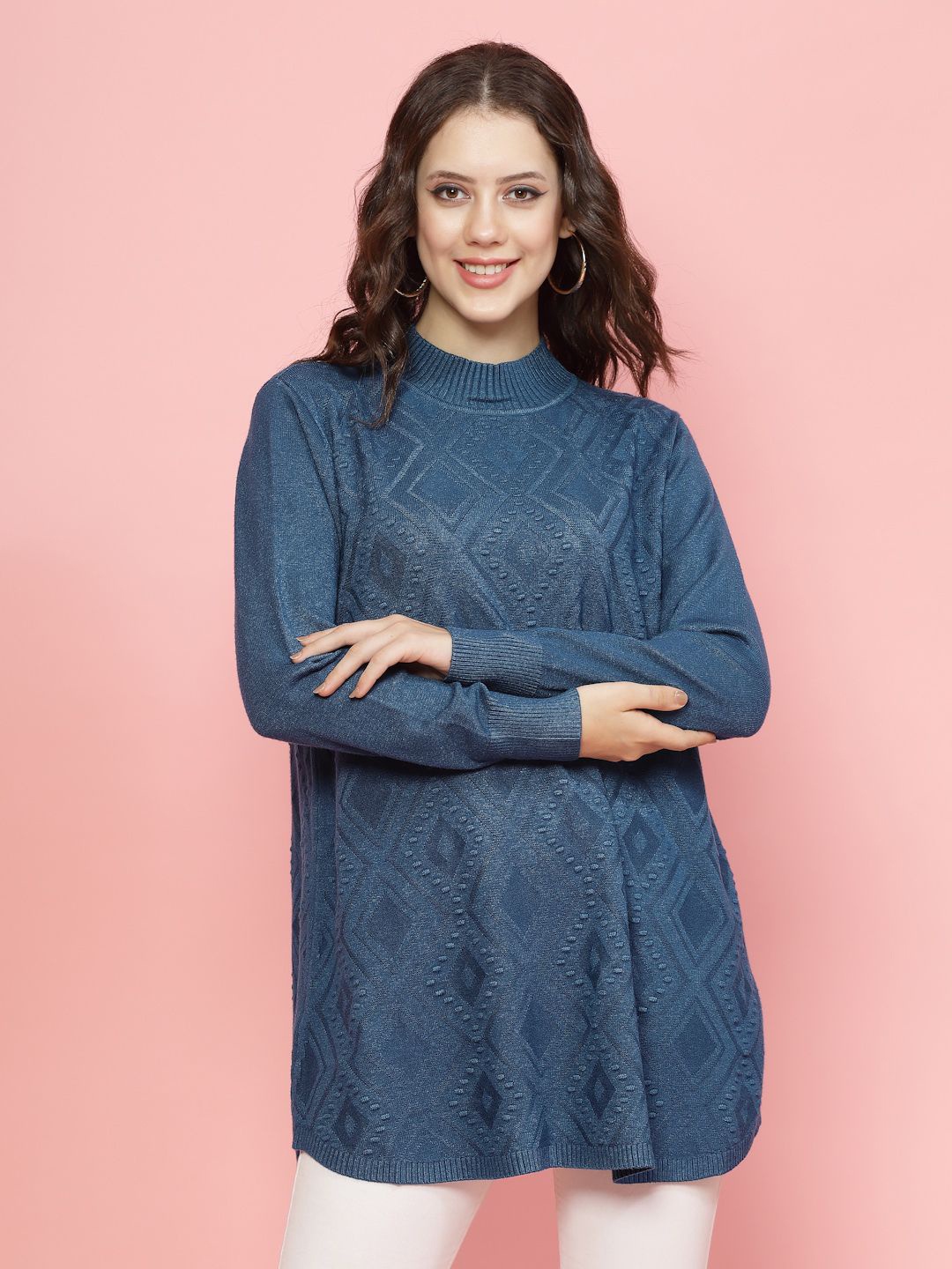 

Mafadeny Women Self Design Pullover Ribbed Longline Sweaters, Teal