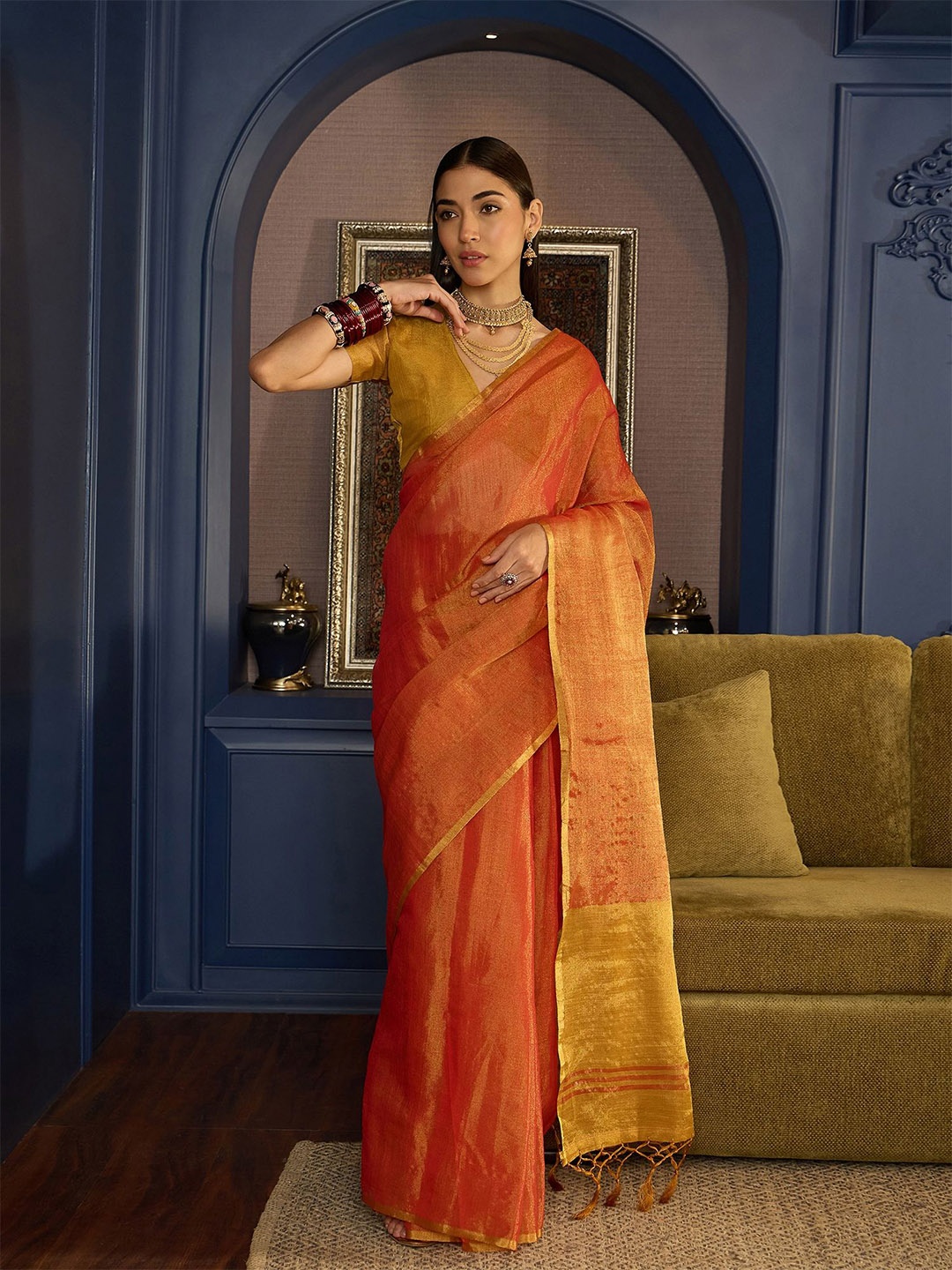 

Sangria Woven Design Banarasi Saree With Blouse Piece, Peach