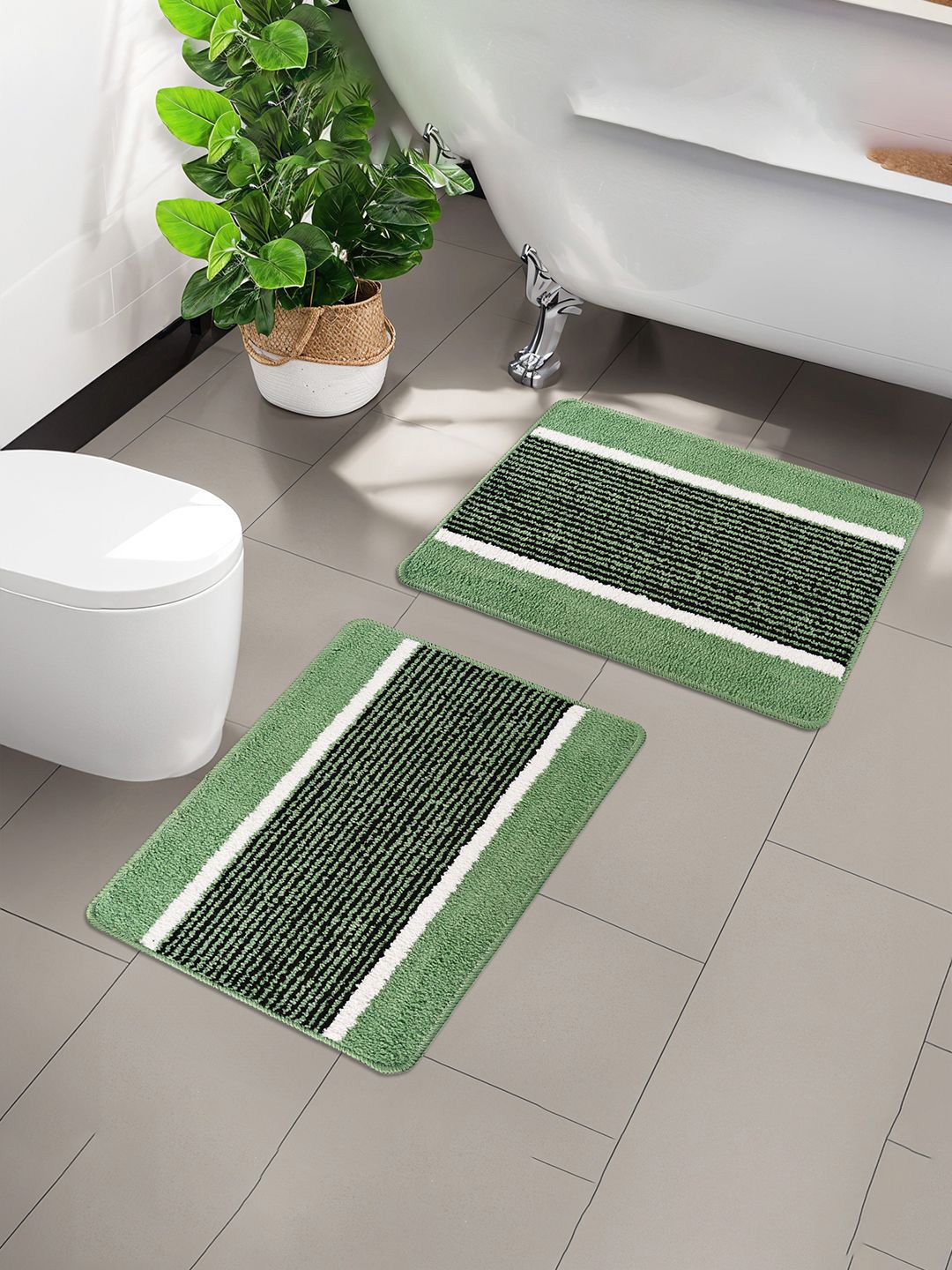 

Kuber Industries Green & White 3 Pieces Striped Anti-Skid Doormats