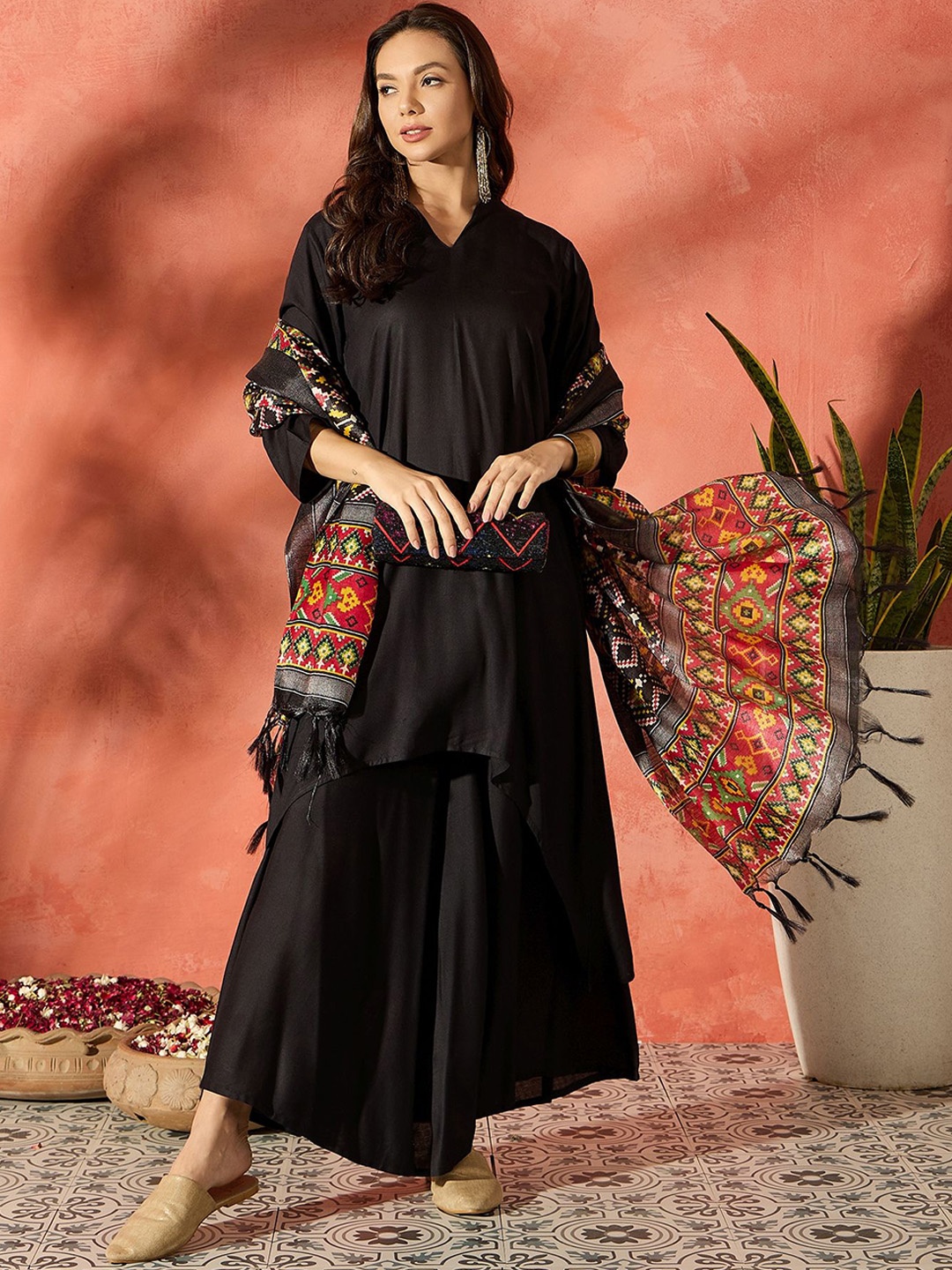 

InWeave Women A-Line Calf Length Kurta With Palazzos With Dupatta, Black