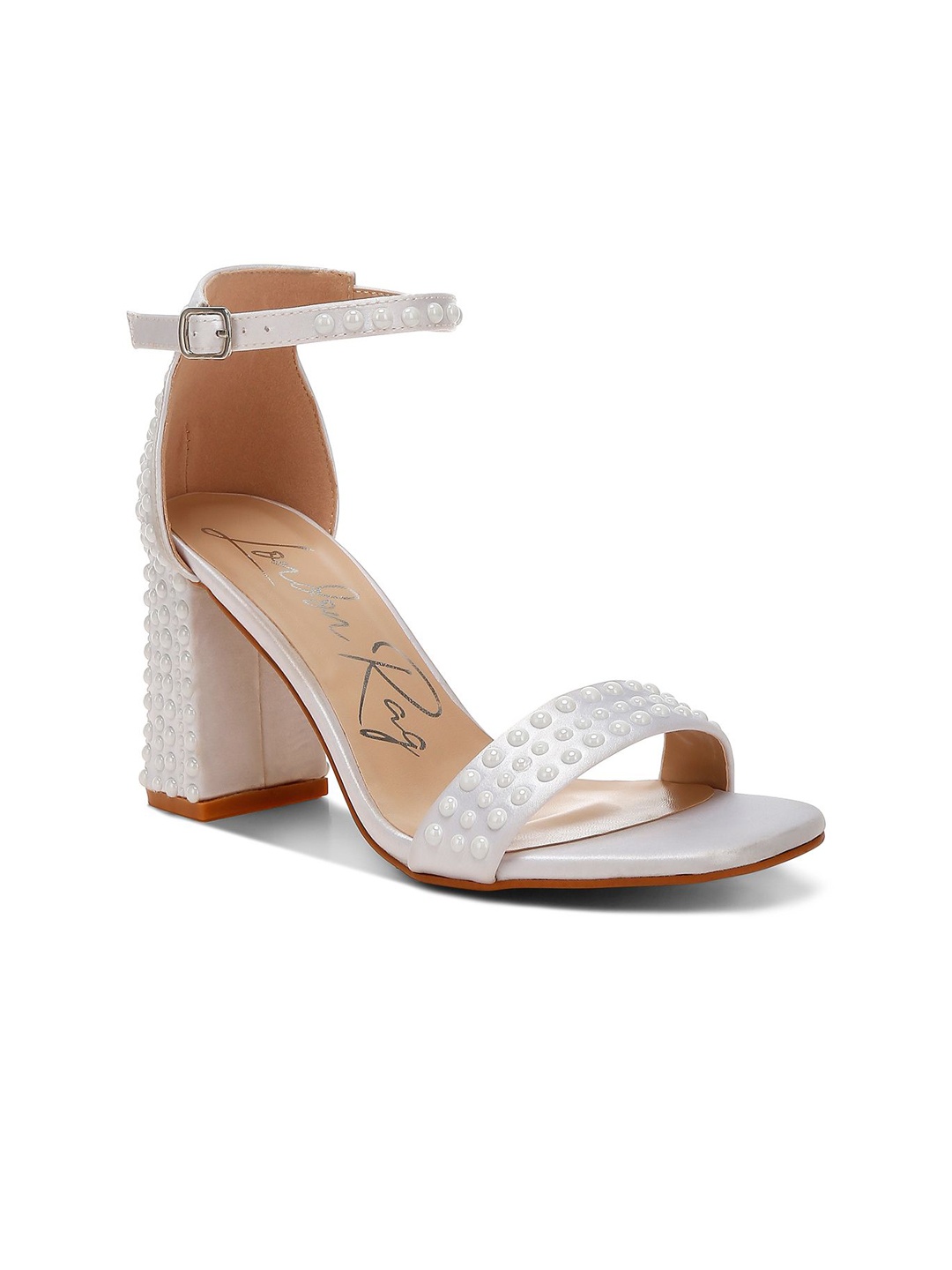 

London Rag Textured Block Heel Mules with Laser Cuts, Off white