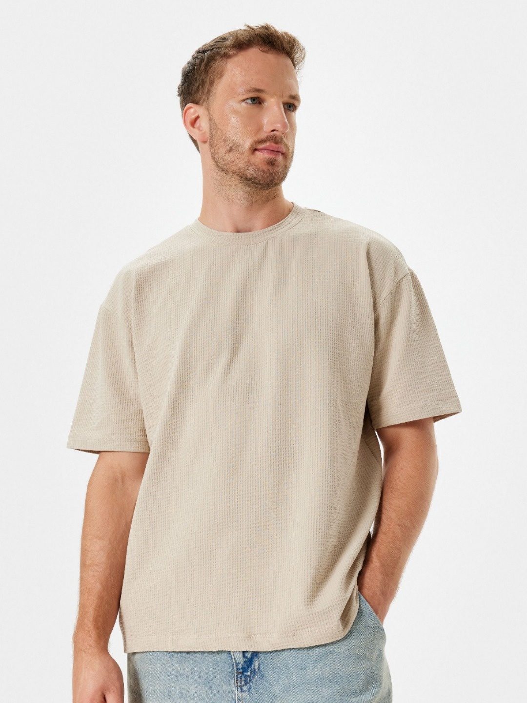 

Koton Men Solid Round Neck Cotton Oversized T-shirt, Beige