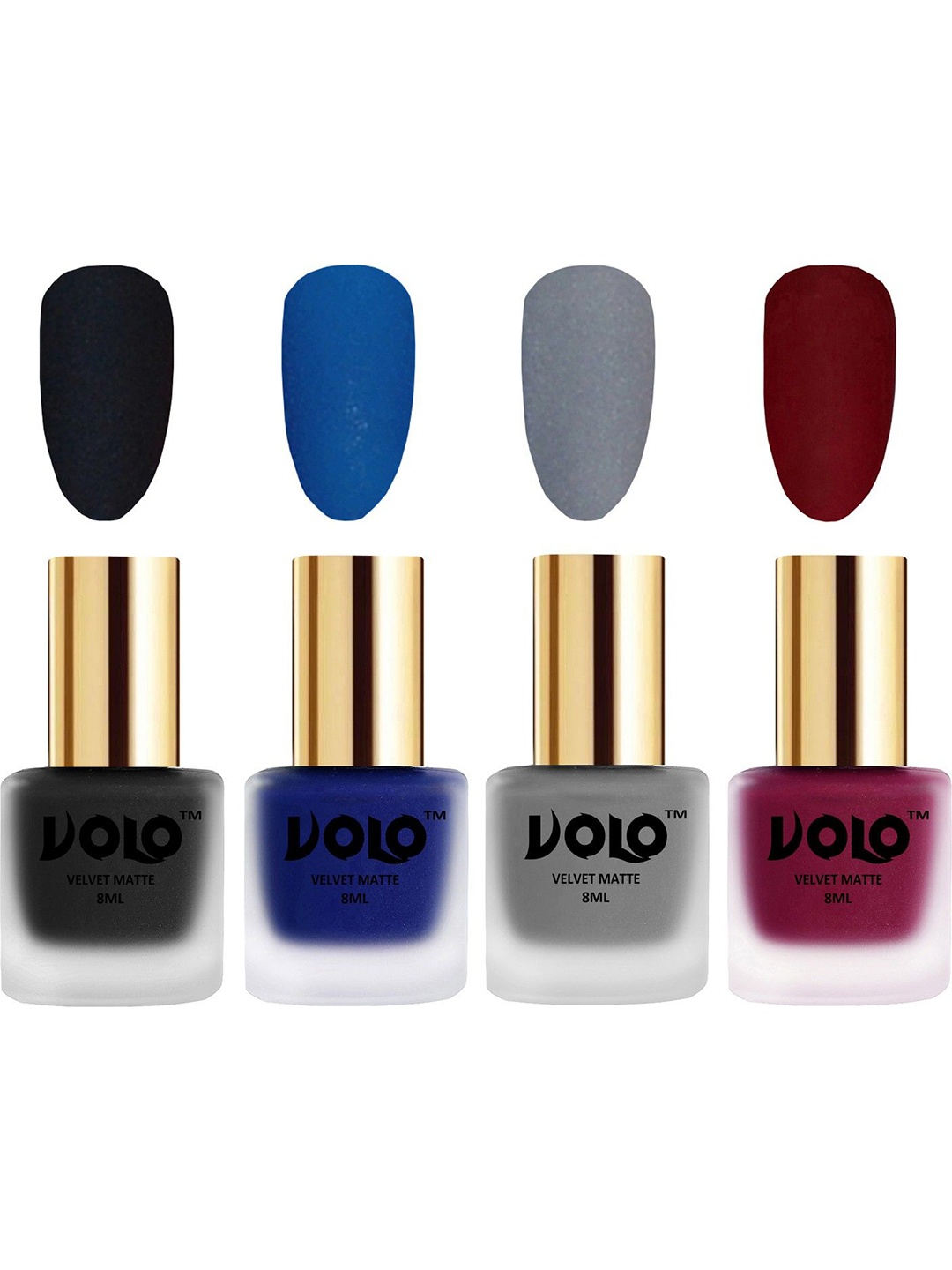 

VOLO Set of 4 Velvet Matte Nail Polish-8 ml Each-Blue 5-Black 19-Grey 20-Carrot Red 25, Multi