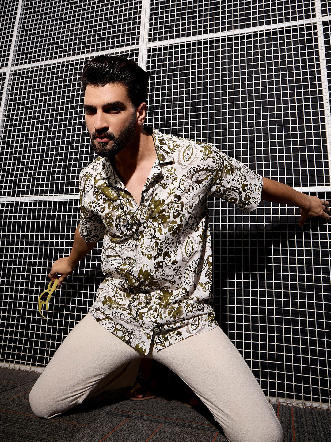 

Anouk Men Cuban Collar Abstract Printed Cotton Relaxed Fit Casual Shirt, Cream