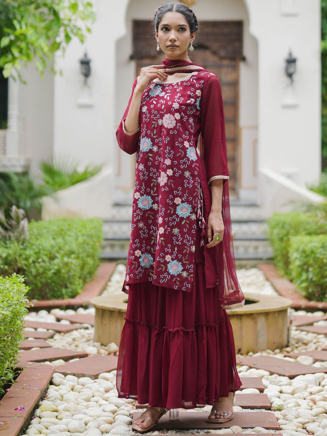 

Indo Era Floral Embroidered Thread Work Kurta with Sharara & Dupatta, Maroon