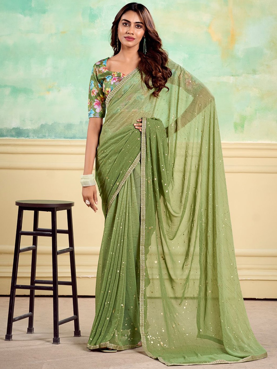 

Panzora Embellished Poly Georgette Saree, Green