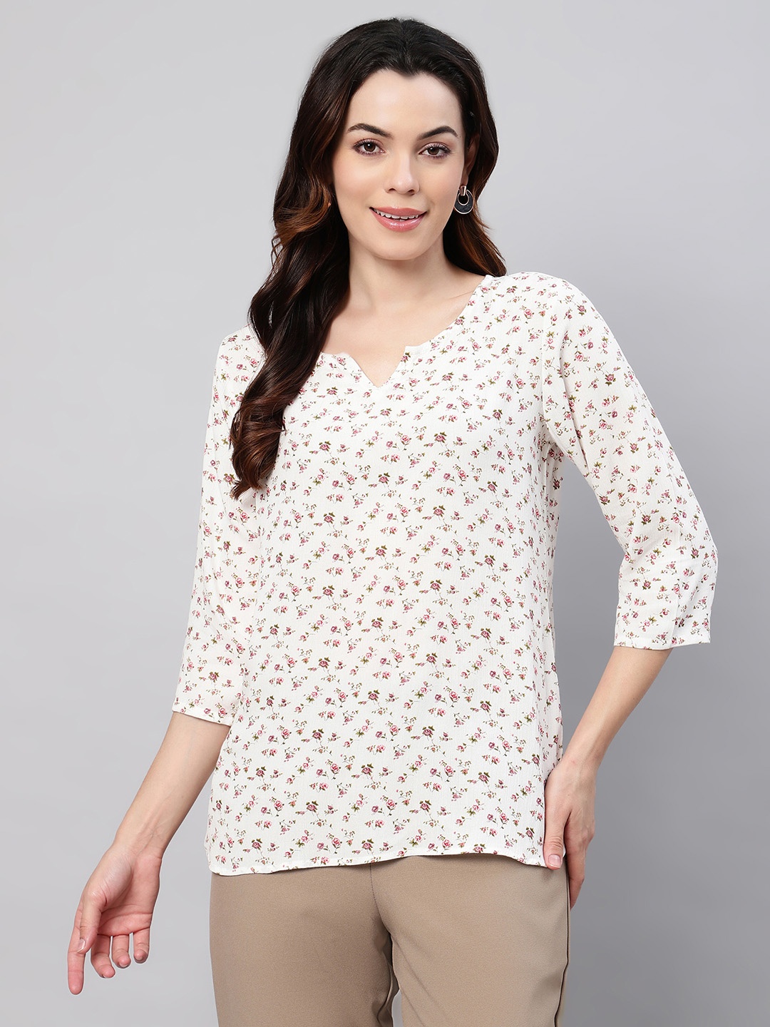 

FLAMBOYANT Women Floral Printed V-Neck Top, White