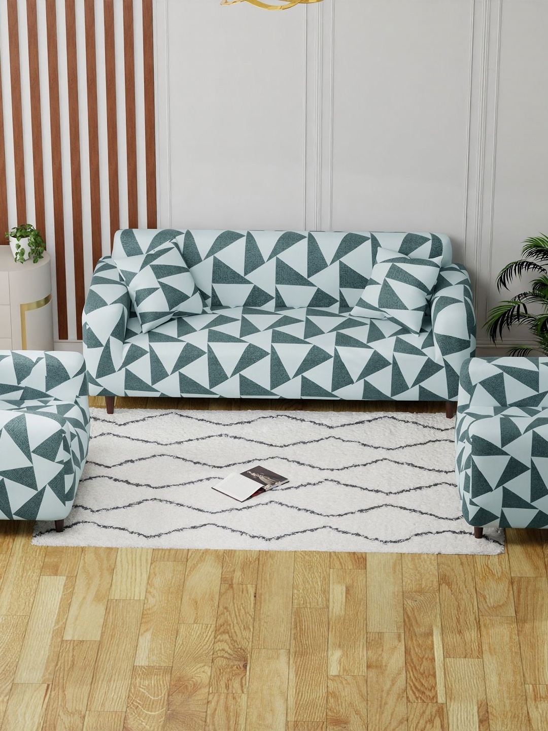 

Aura Green & Teal 3 Pieces Geometric Printed 5 Seater Sofa Covers With Arms