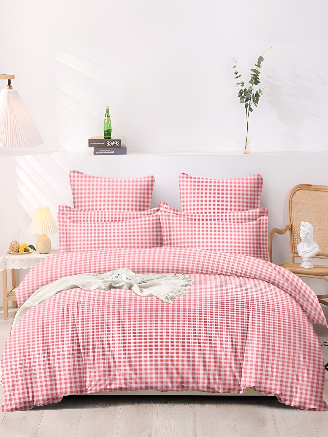 

BREVARD White & Pink Checked Cotton Single Duvet Cover