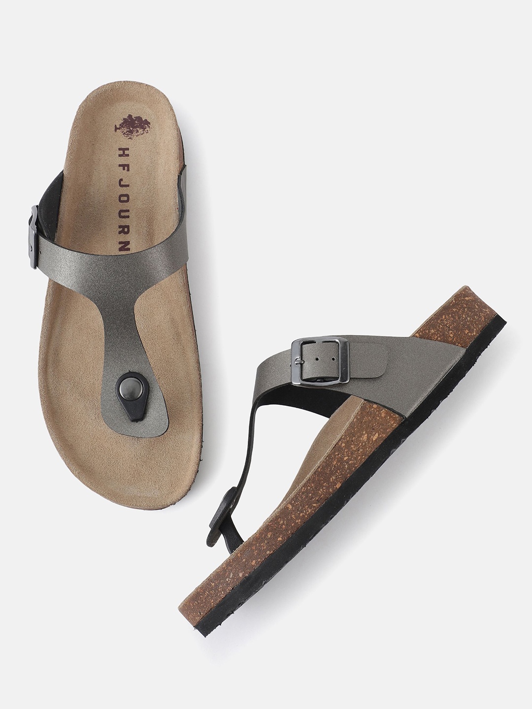 

HF JOURNEY Men mettalic Open One T- Comfort cork Sandals, Grey