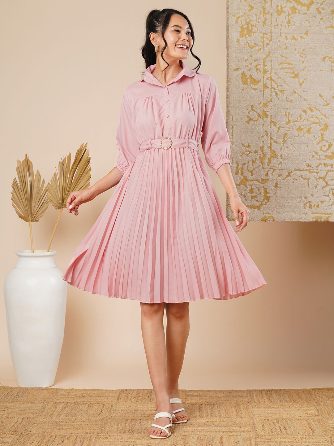 

CARTYSHOP Puff Sleeve Crepe Fit & Flare Midi Dress, Pink