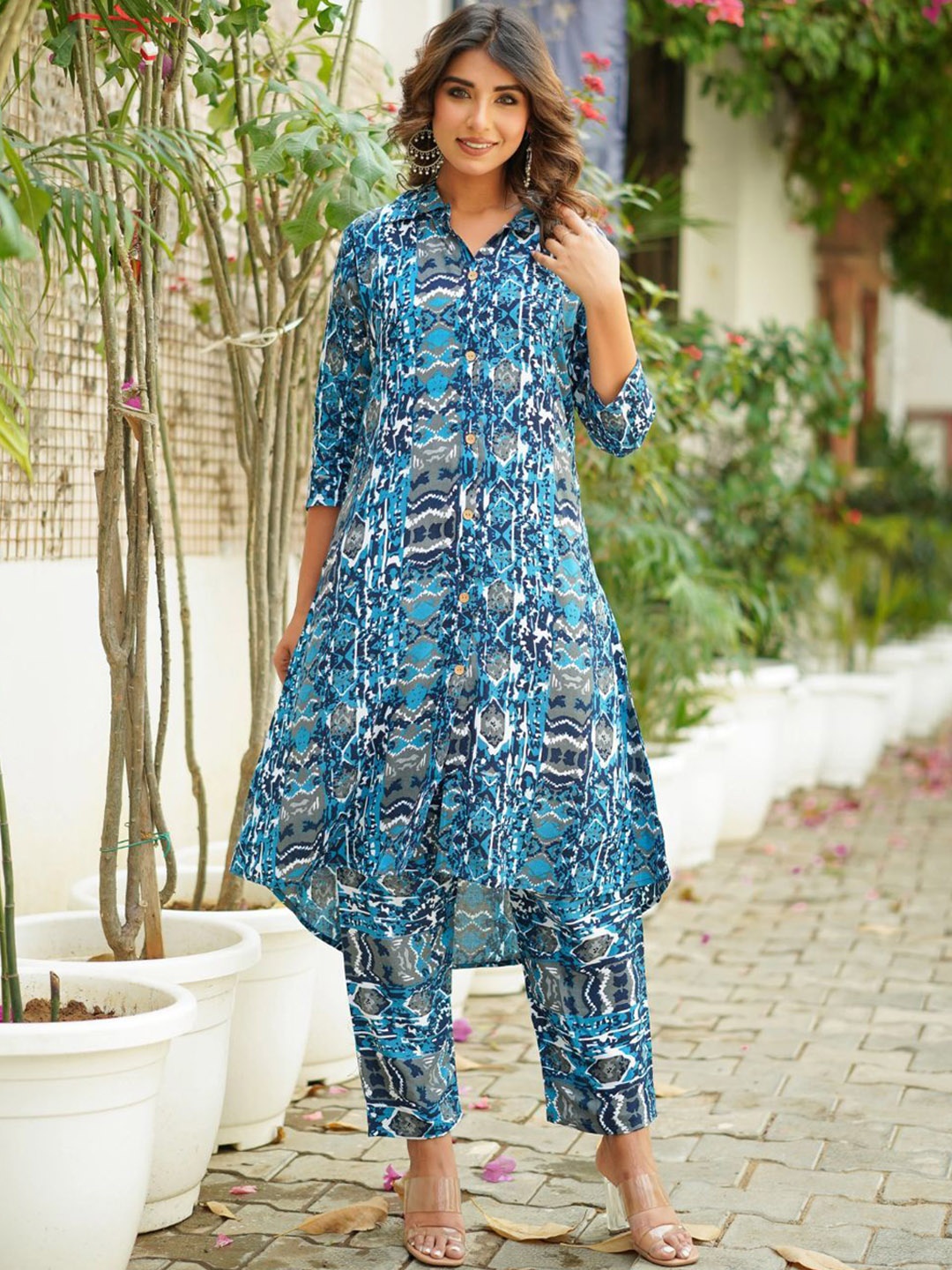 

NIJANAND TEXTILE Printed Pure Cotton Tunic & Trousers Co-Ord, Blue