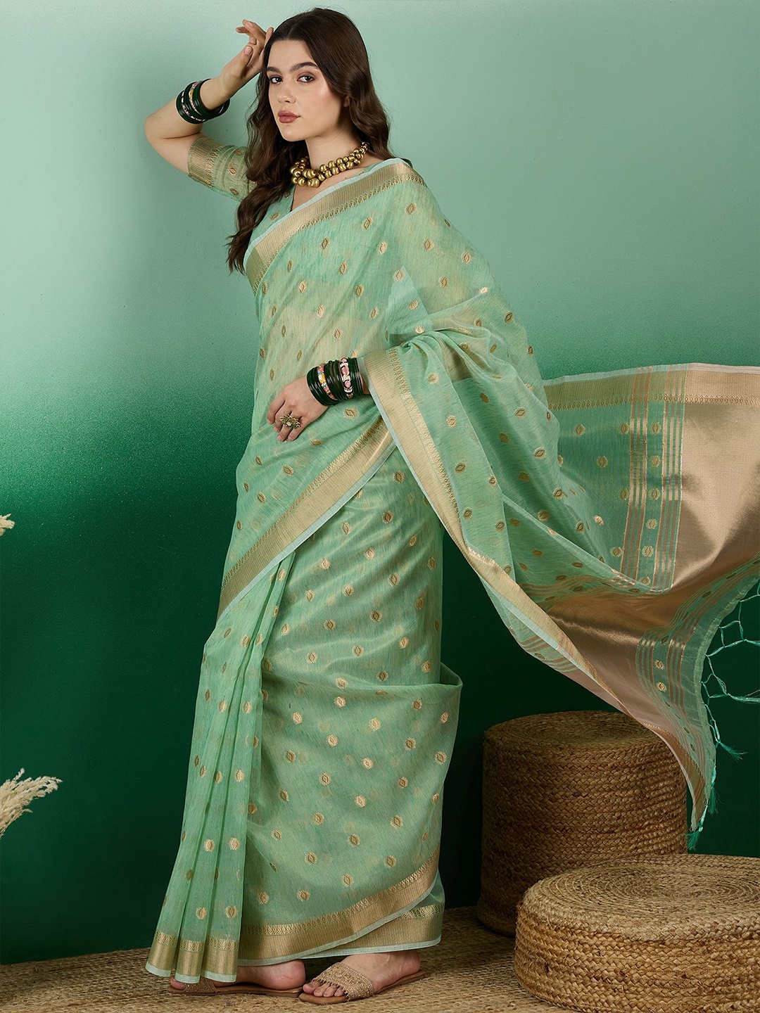 

DIVASTRI Woven Design Zari Organza Designer Kanjeevaram Saree, Green