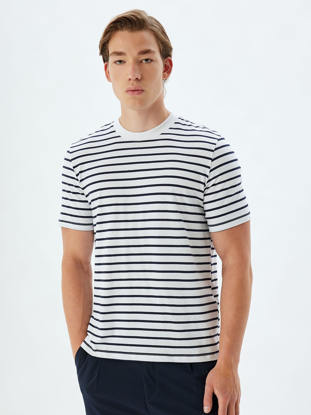 

Koton Men Striped Round Neck Cotton T-shirt, White