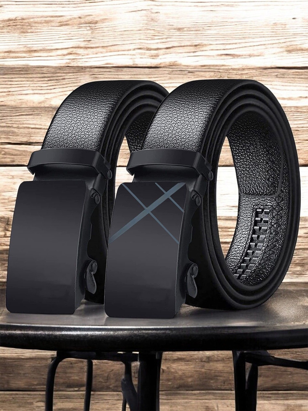 

The Roadster Lifestyle Co. Men Pack Of 2 Textured Slider Buckle Formal Belt, Black