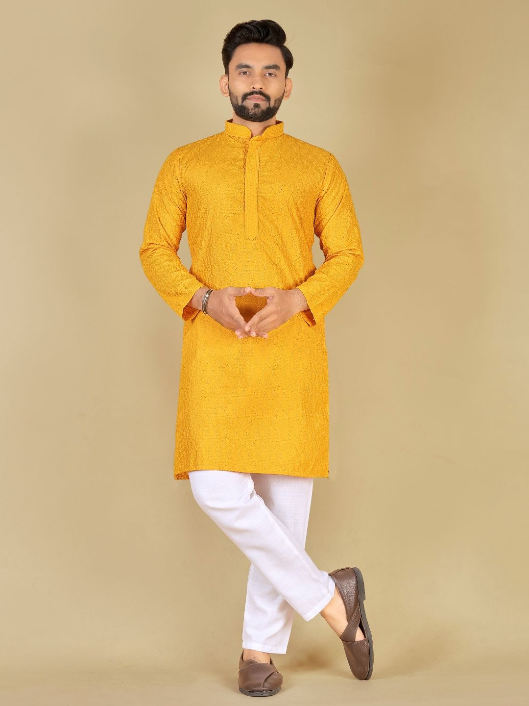 

Zurika Fashion Men Chikankari Embroidered Straight Kurta, Yellow