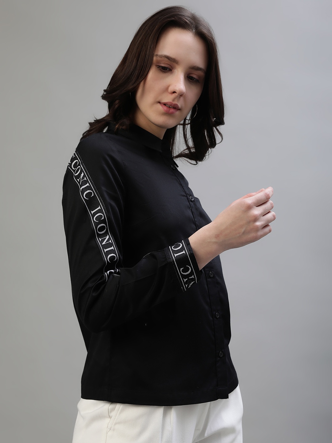 

Iconic Women Spread Collar Solid Cotton Casual Shirt, Black