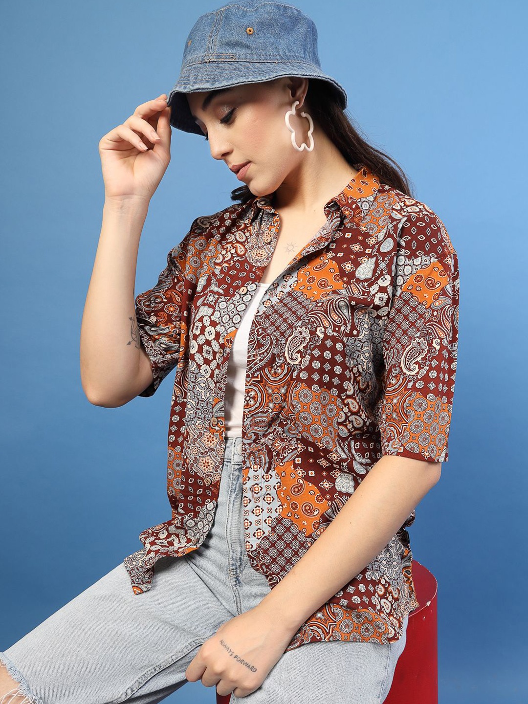 

Rigo Women Relaxed Fit Spread Collar Ethnic Motifs Printed Casual Shirt, Brown