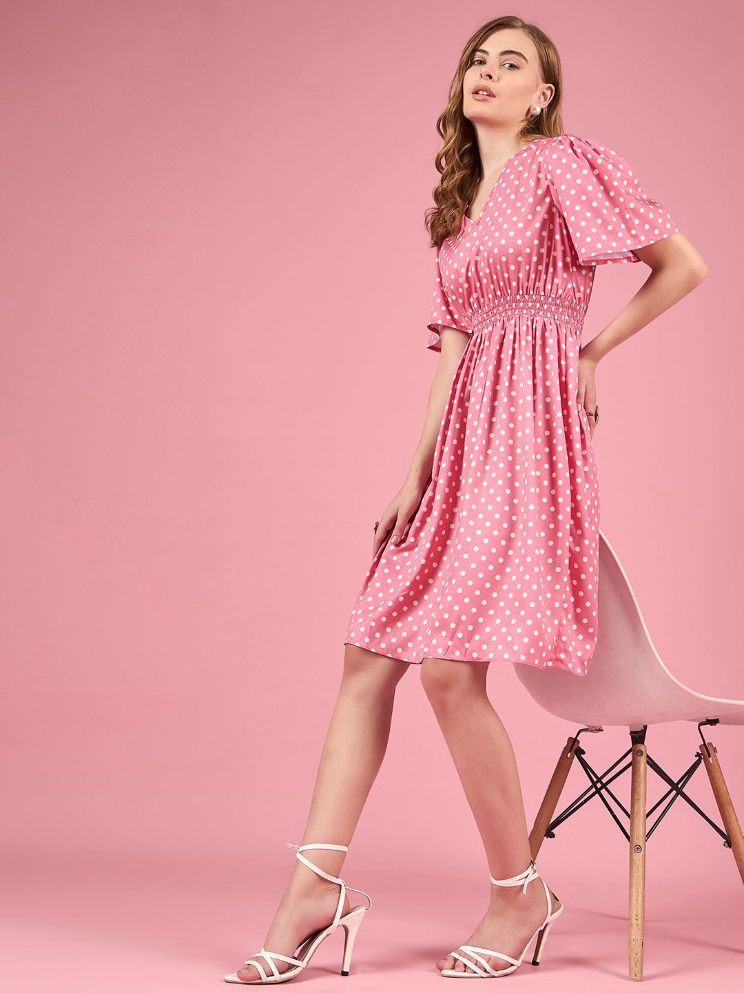 

DressBerry Polka Dot Printed Flared Sleeve Crepe Fit & Flare Dress, Pink