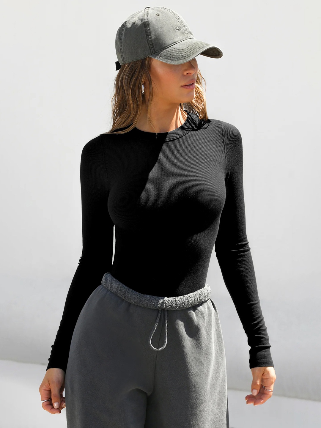 

HERE&NOW Women Solid Round Neck Top, Black