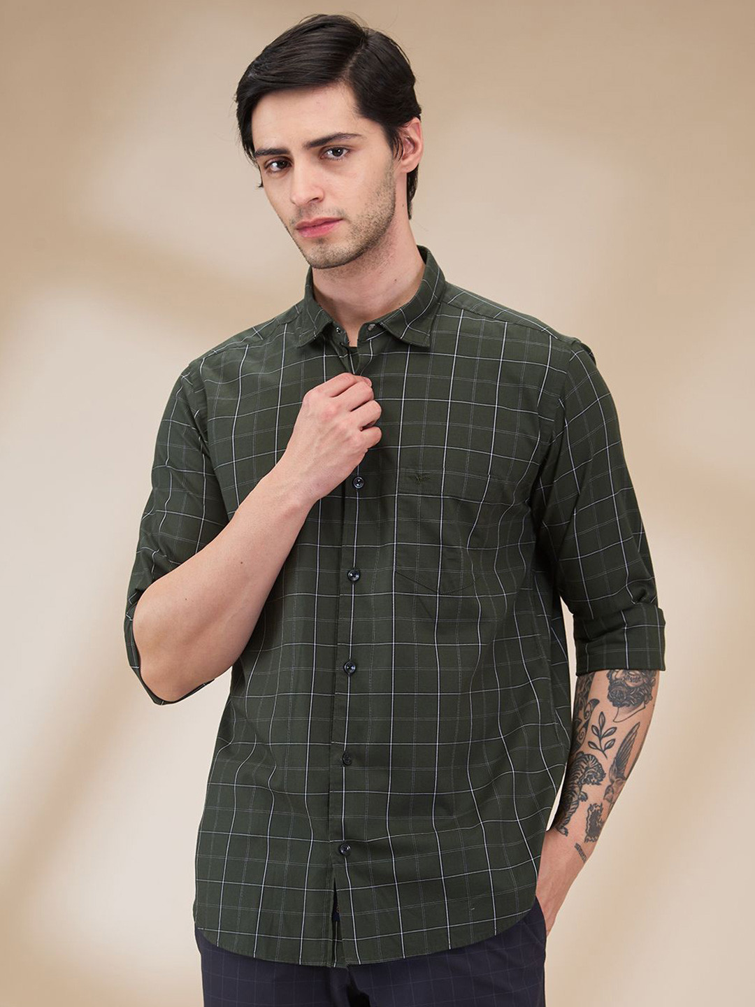 

Park Avenue Men Spread Collar Checked Cotton Slim Fit Casual Shirt, Green
