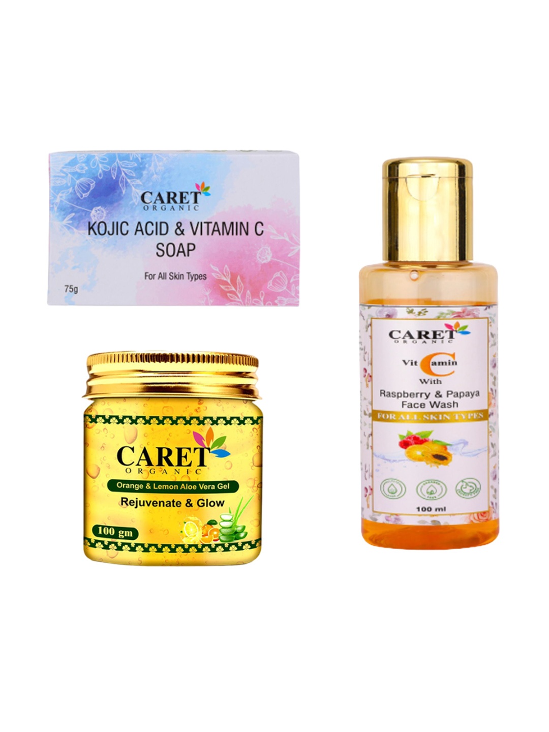 

CARET ORGANIC Set Of 3 Kojic Acid Soap, Vitamin C With Raspberry Face Wash & Aloe Vera Gel, White