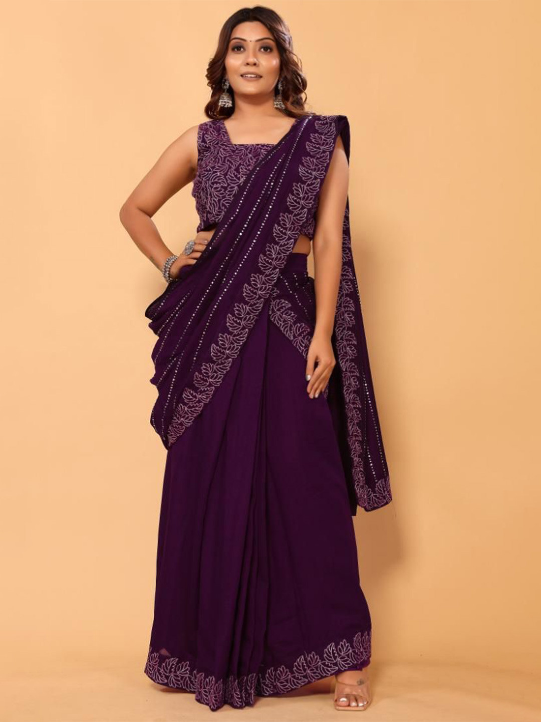 

PATLANI STYLE Floral Embroidered Ready to Wear Saree, Purple
