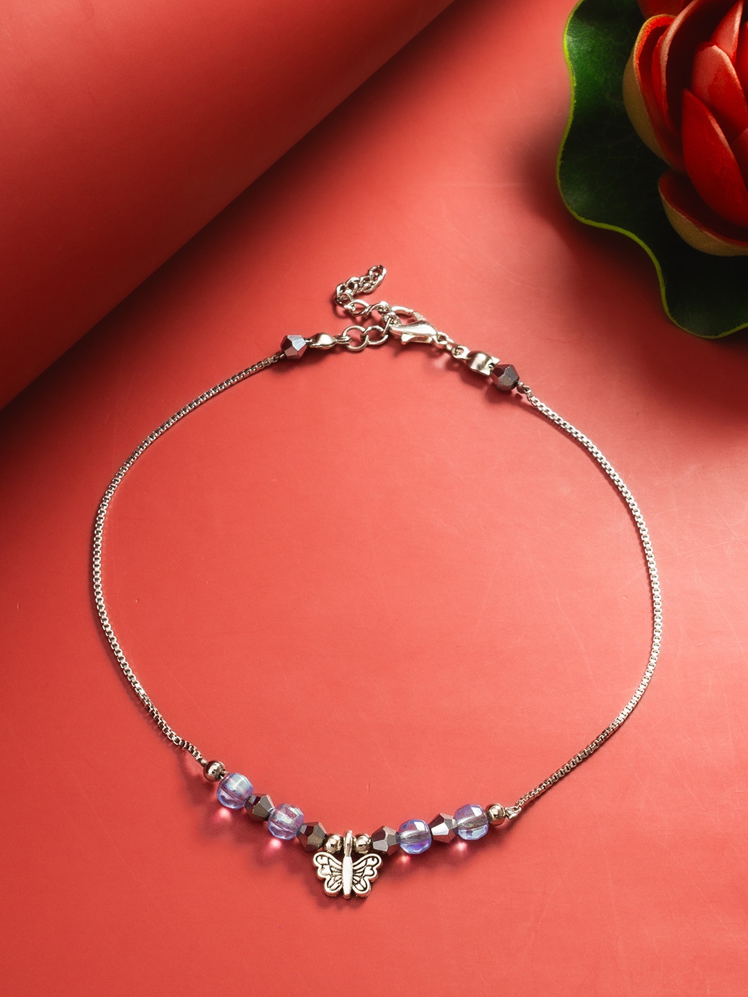 

aadita Butterfly Charm Beaded Silver Single Anklet