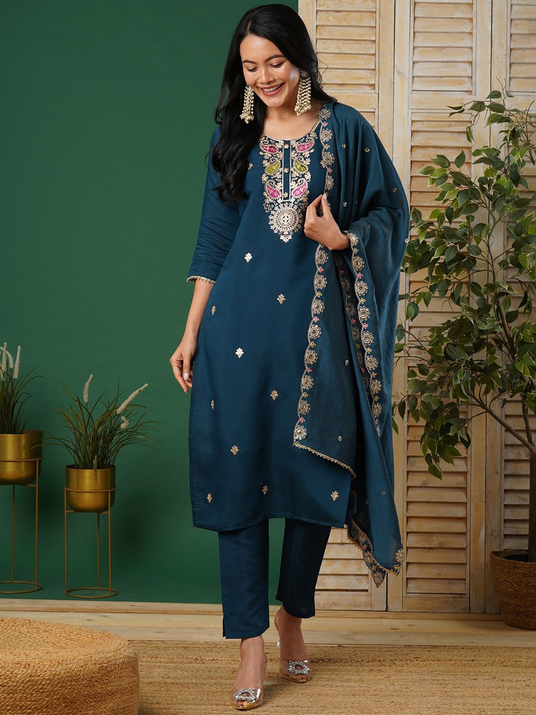 

CARTYSHOP Women Embroidered Regular Kurta with Trousers with dupatta, Teal