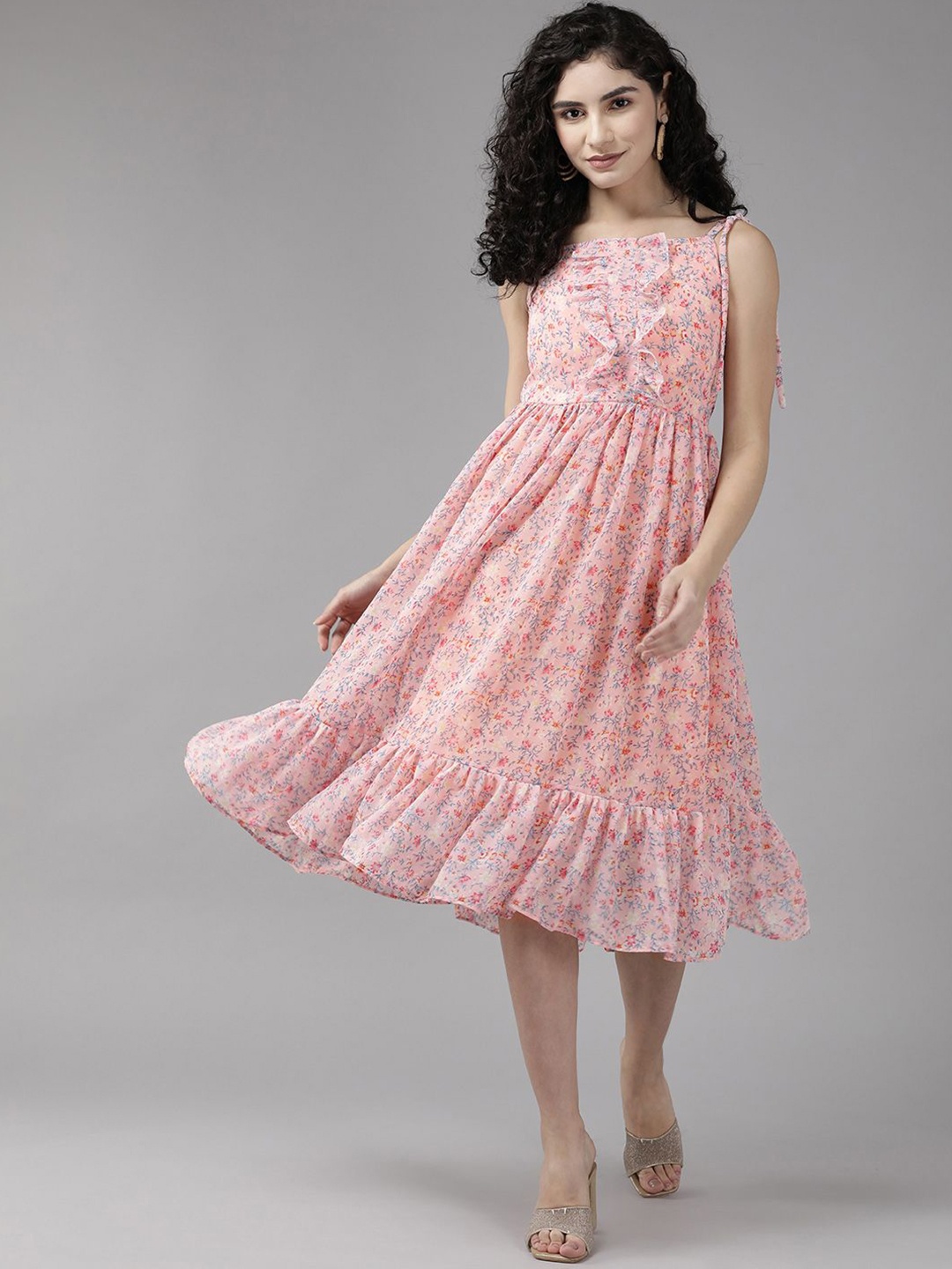 

BAESD Floral Print Georgette Fit & Flare Midi Dress, Peach