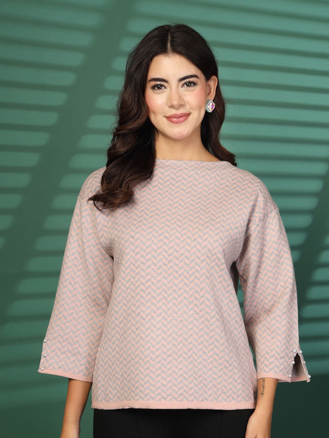 

Mafadeny Women Abstract Printed Round Neck Top, Peach