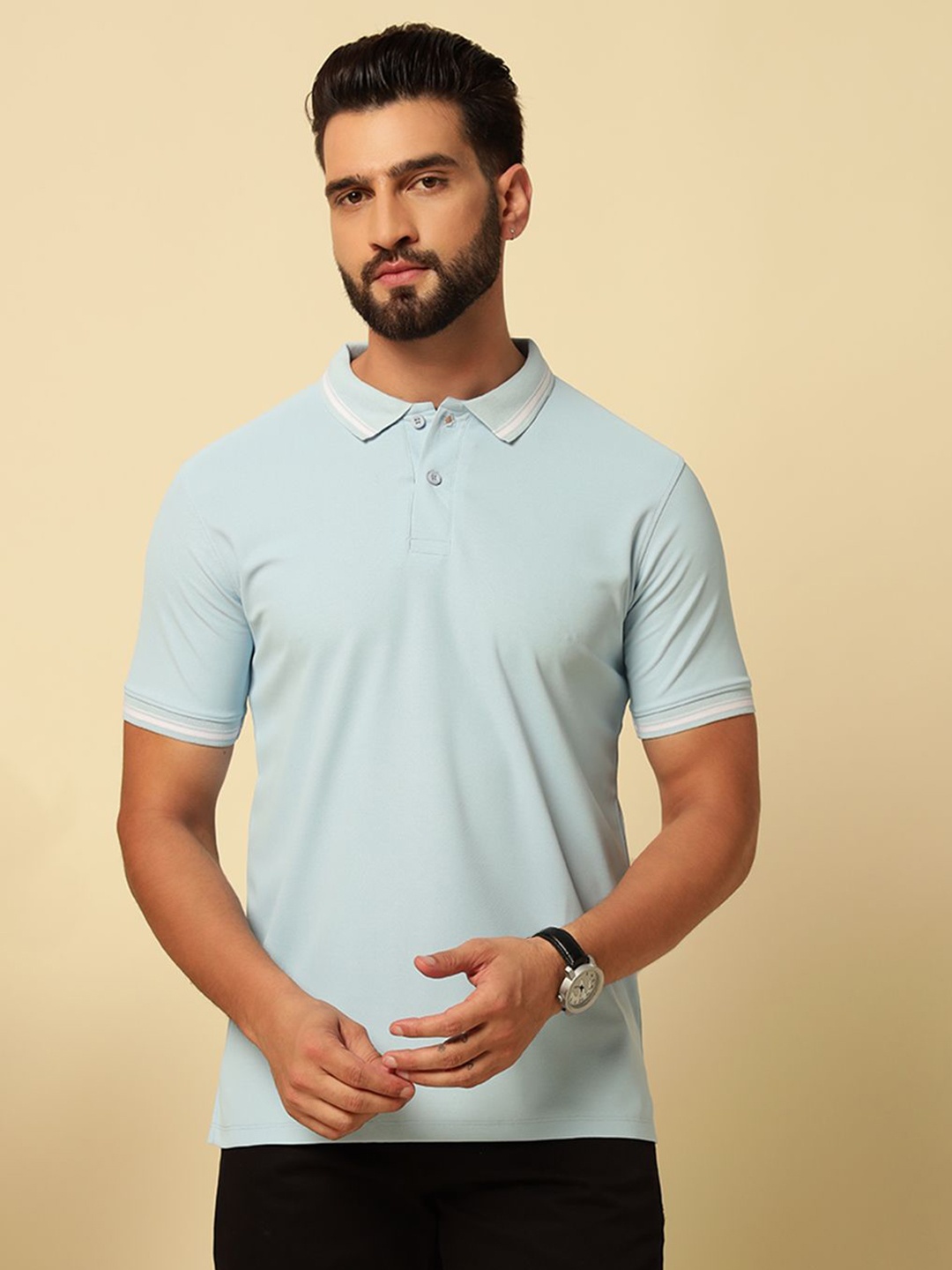 

MUWIN Men Solid Polo Collar Cotton T-shirt, Blue