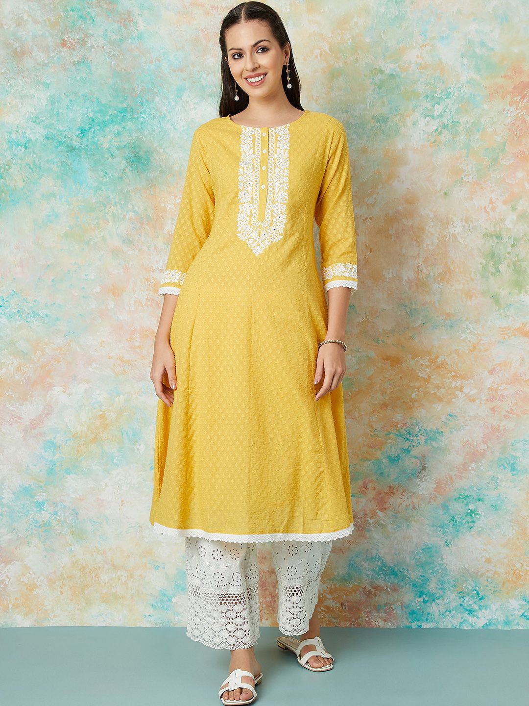 

Melange by Lifestyle Women Embroidered Pure Cotton Anarkali Kurta, Mustard