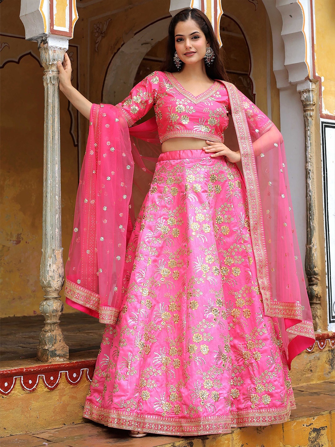 

FABPIXEL Embroidered Sequinned Semi-Stitched Lehenga & Unstitched Blouse With Dupatta, Pink