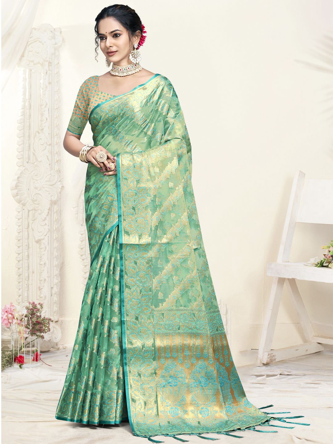 

SANGAM PRINTS Woven Design Zari Organza Tussar Saree, Turquoise blue