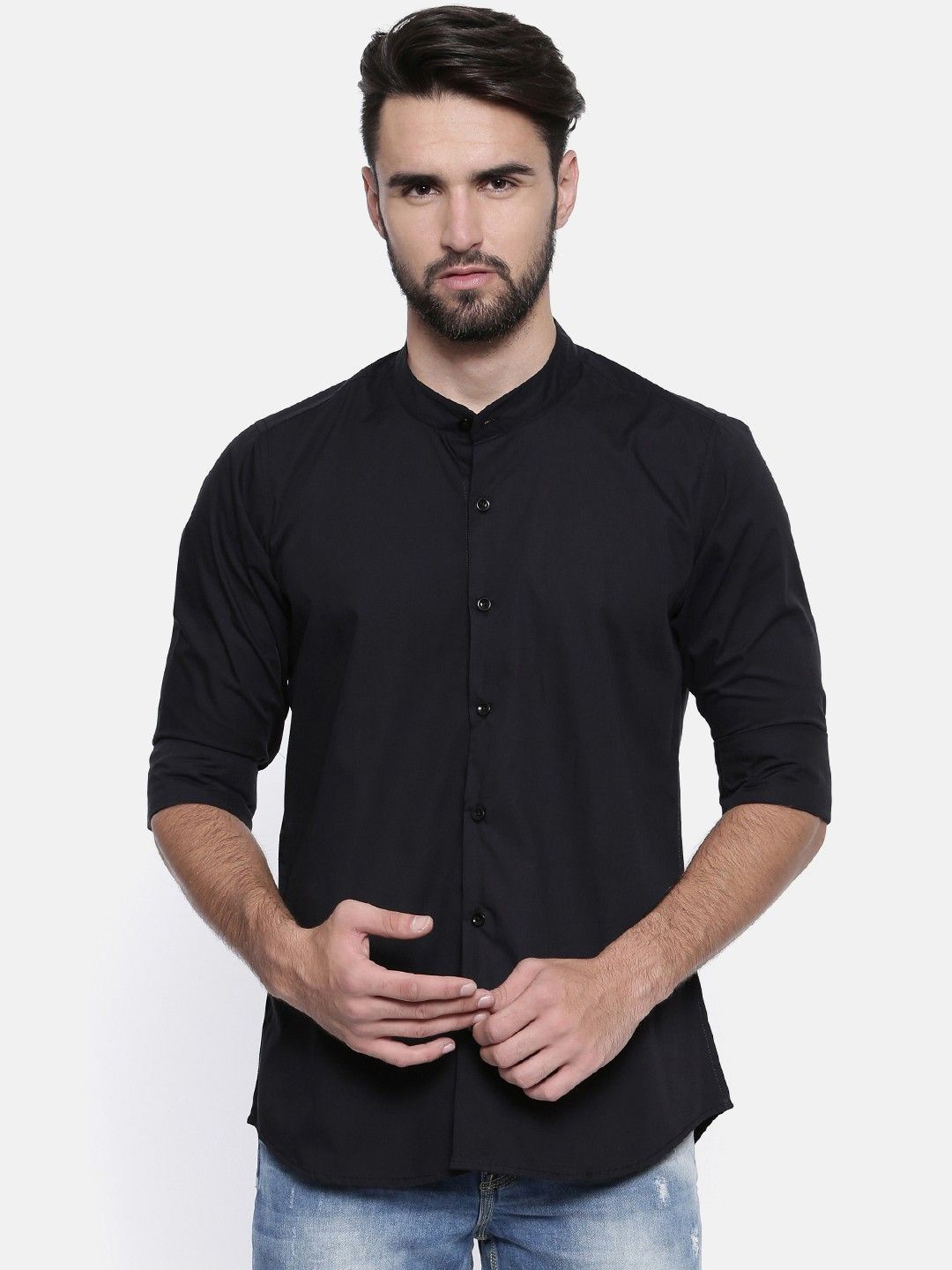 

Cross Court Men Band Collar Solid Cotton Slim Fit Casual Shirt, Black