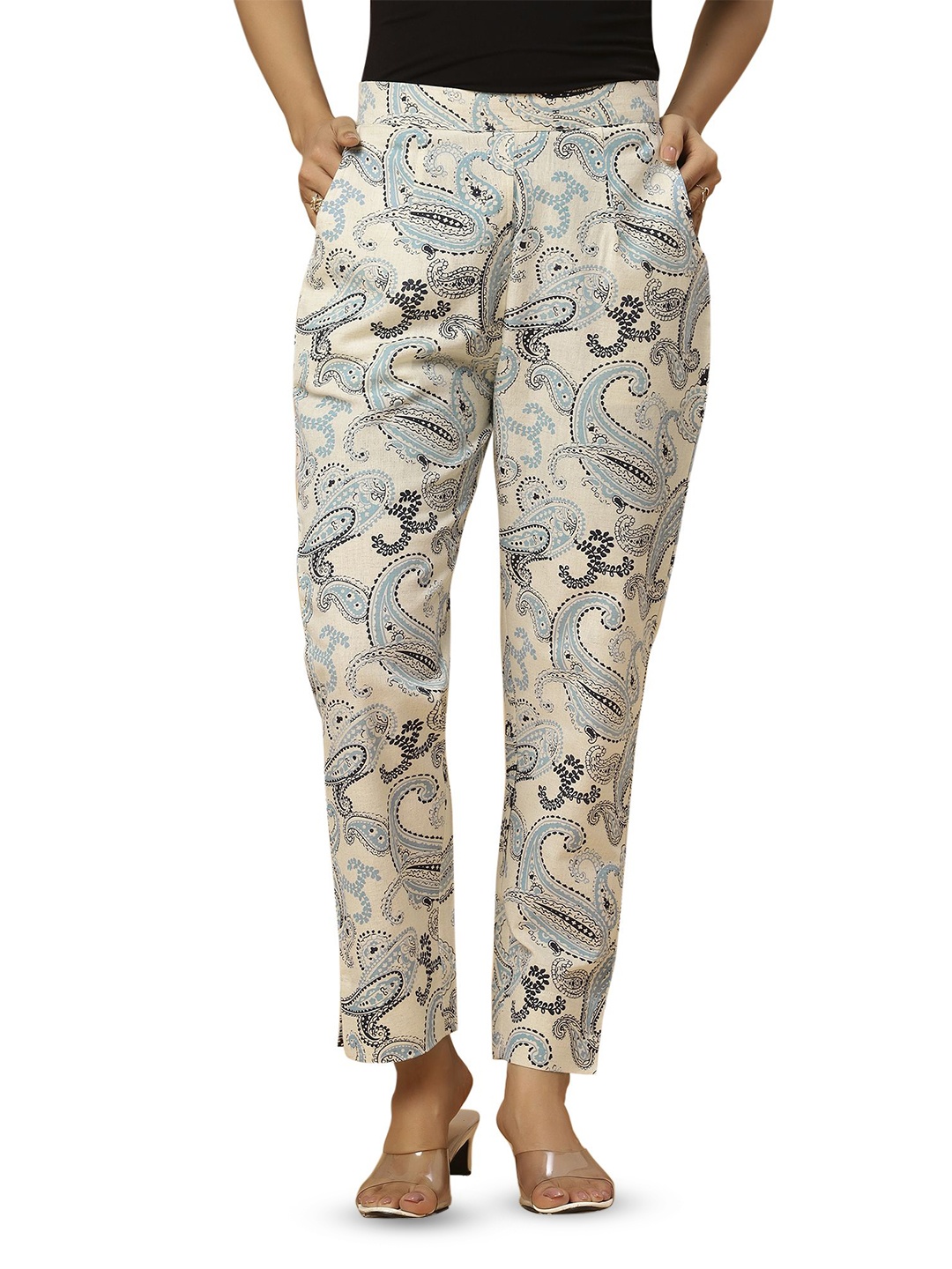 

Bottoms.love Women Yellow Floral Print Relaxed Fit Beige Trousers, Off white