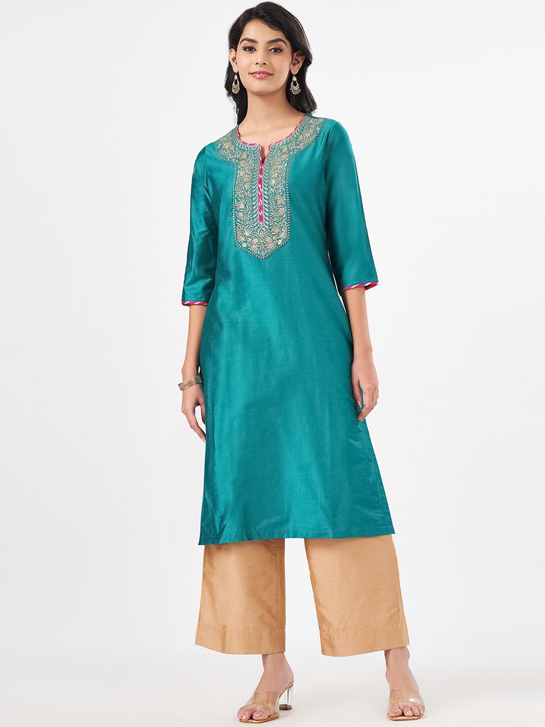 

RANGMANCH BY PANTALOONS Women Flared Sleeves Kurta, Teal