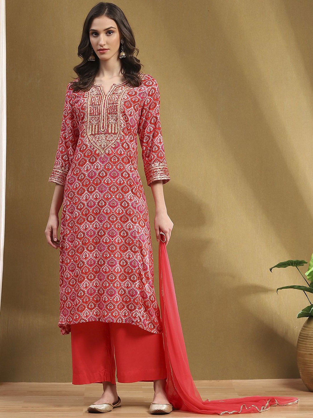 

Biba Women Yoke Design Kurta With Palazzos & Dupatta, Red