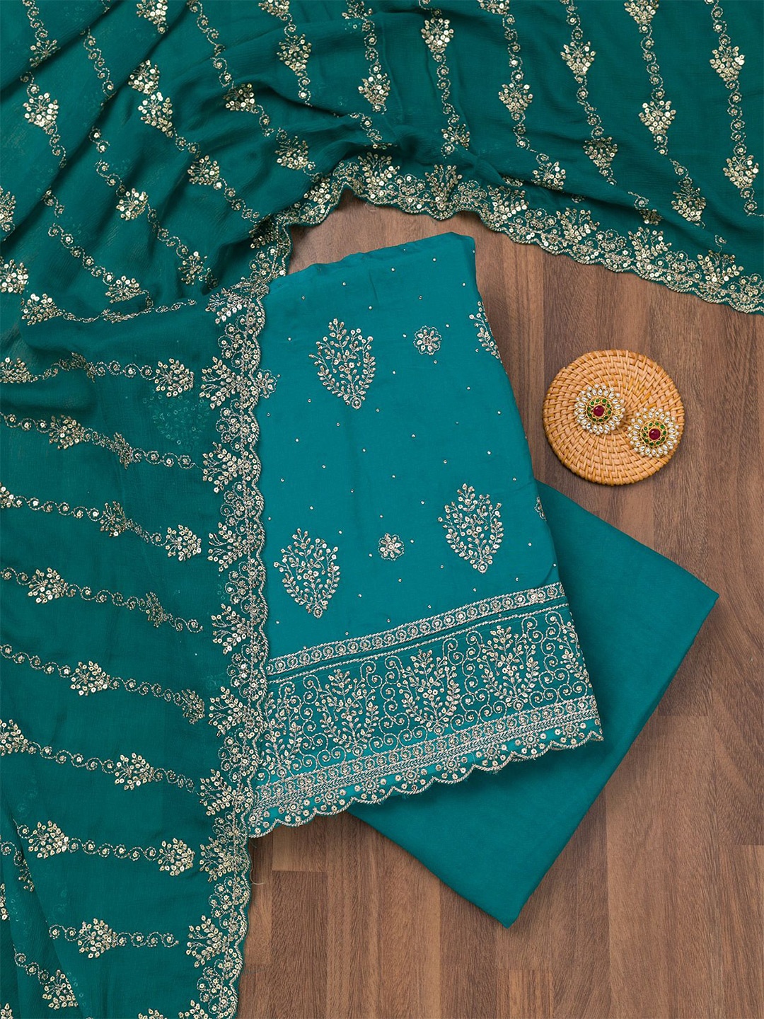 

Koskii Floral Embroidered Zari Work Unstitched Dress Material, Blue