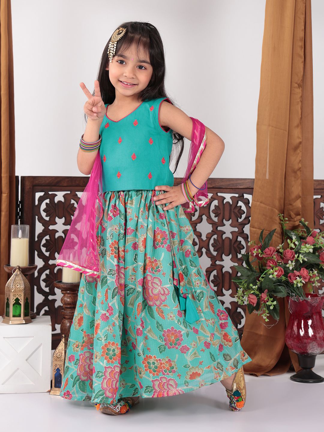 

Here&Now X Kinder Kids Girls Printed Ready to Wear Lehenga & Blouse With Dupatta, Blue